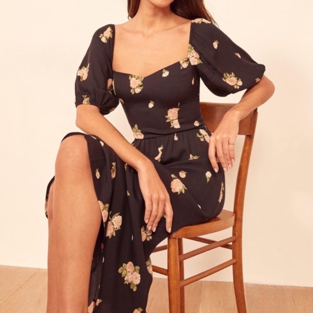 Reformation Zippy Midi Dress Aphrodite Black Pink Floral Sweetheart Neckline 2 - Picture 2 of 8